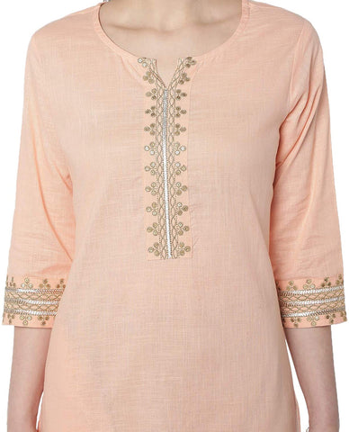 Gold Embroidery Pink Cotton Kurt for Woman (KF60)