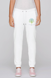 Organic Cotton White Woman Yoga Trousers Pants with Ashram Tree