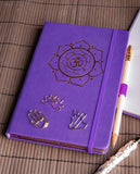 A5 notebook purple with gold OM in a gift box + 3 Yoga symbol paper clips