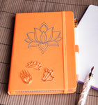 A5 notebook orange with Lotus in a gift box + 3 Yoga symbol paper clips