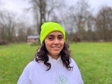 Knitted Warm Fluorescent Yellow Unisex Beanie Hat with Embroidered white OM
