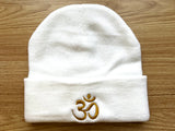 Knitted Warm White Unisex Beanie Hat with Embroidered Gold OM