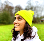Knitted Warm Fluorescent Yellow Unisex Beanie Hat with Embroidered white OM