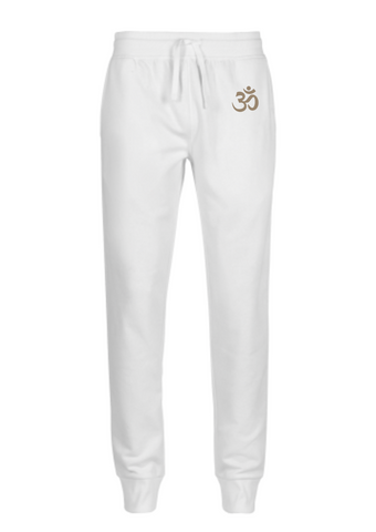 Unisex Men's Slim fit Fleece White Yoga Trousers Jogging Pants with Om Symbol