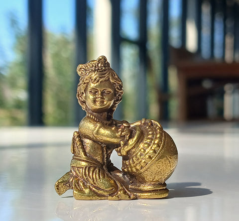 Mini Baby Krishna holding butter pot small brass statue 3cm