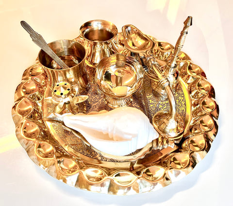 Premium Brass Puja / Aarti Thali set with Abhishekam - Large 26cm (10 items)