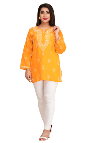 Woman's Hand Embroidered Cotton Chikan Kurta - Orange (A250565)