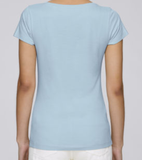 T-shirt de yoga pour femme bleu ciel 100% coton biologique (blanc Om)