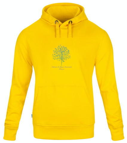 Yellow Unisex Organic Yoga Hoodie Sweatshirt with Ashram Tree