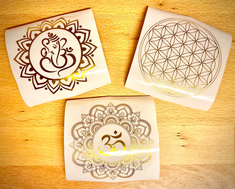 Gold Foil Waterproof Stickers 3 styles - Om Mandala, Flower of life or Ganesha