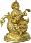 Grande statue de Saraswati assis sur un cygne en laiton pur - 12 cm de haut