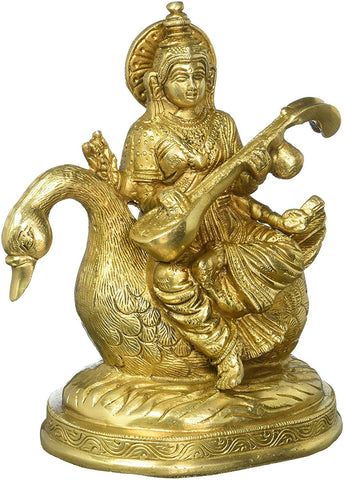 Large Saraswati Seated on Swan Pure Brass statue - 12cm tall